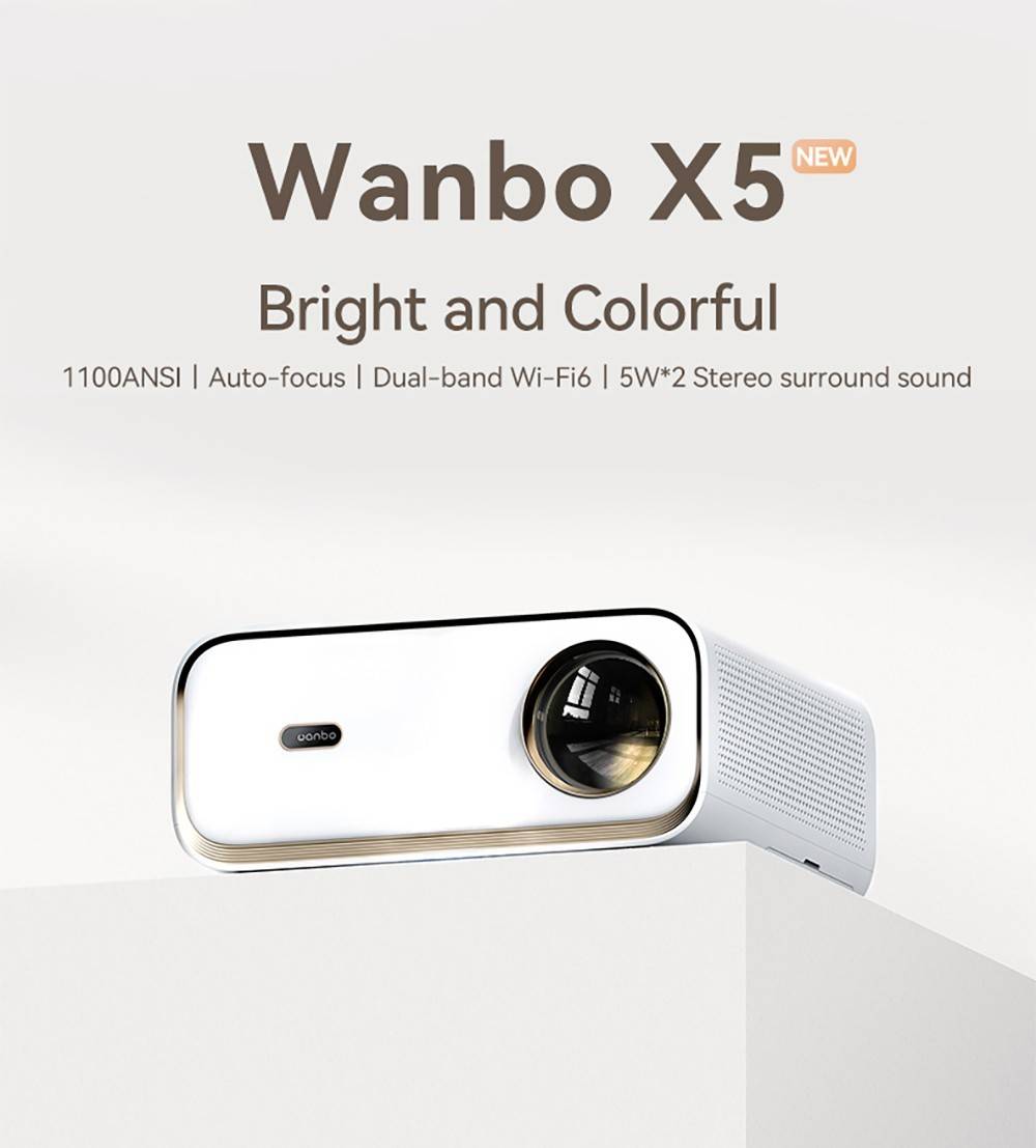 Wanbo X5 Projector, 1100 ANSI Lumens, Native1080P, Auto-keystone Correction, Dual-band WiFi 6, 1GB/16GB, Bluetooth 5.0