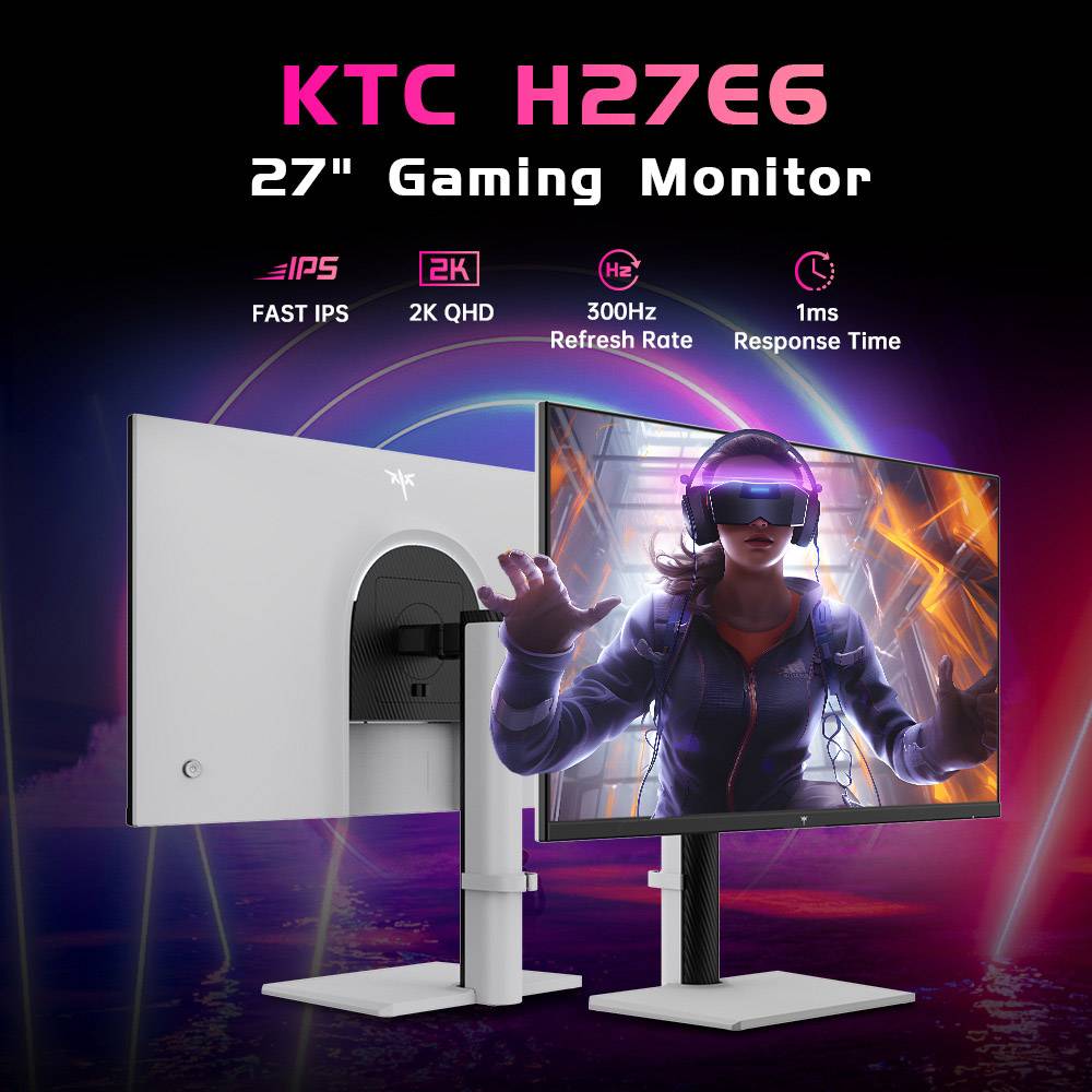 KTC H27E6 27 inch Gaming Monitor, 2560*1440 QHD Fast IPS Screen, 300Hz Refresh Rate, HDR 400, 1ms Response Time, FreeSync & G-Sync, 144% sRGB, VESA Mountable, 2*HDMI 2.1, 2*DP 1.4, 1*USB 2.0, 1*Earphone