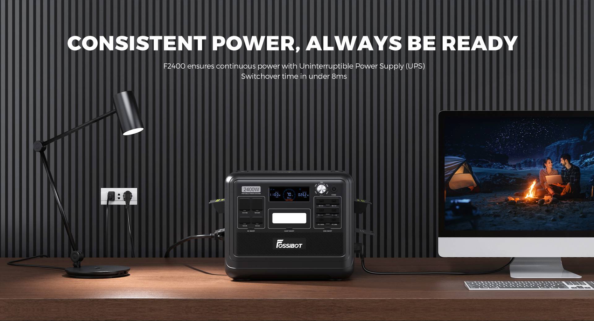 FOSSiBOT F2400 Portable Power Station, 2048Wh/640000mAh LiFePO4 Battery, 2400W(4600W Peak) Solar Generator, 3xAC RV Car USB Type-C QC3.0 PD DC5521 Pure Sine Wave Full Outlets, 1.5 Hours Fast Charging, MPPT Charge Controller BMS - Black