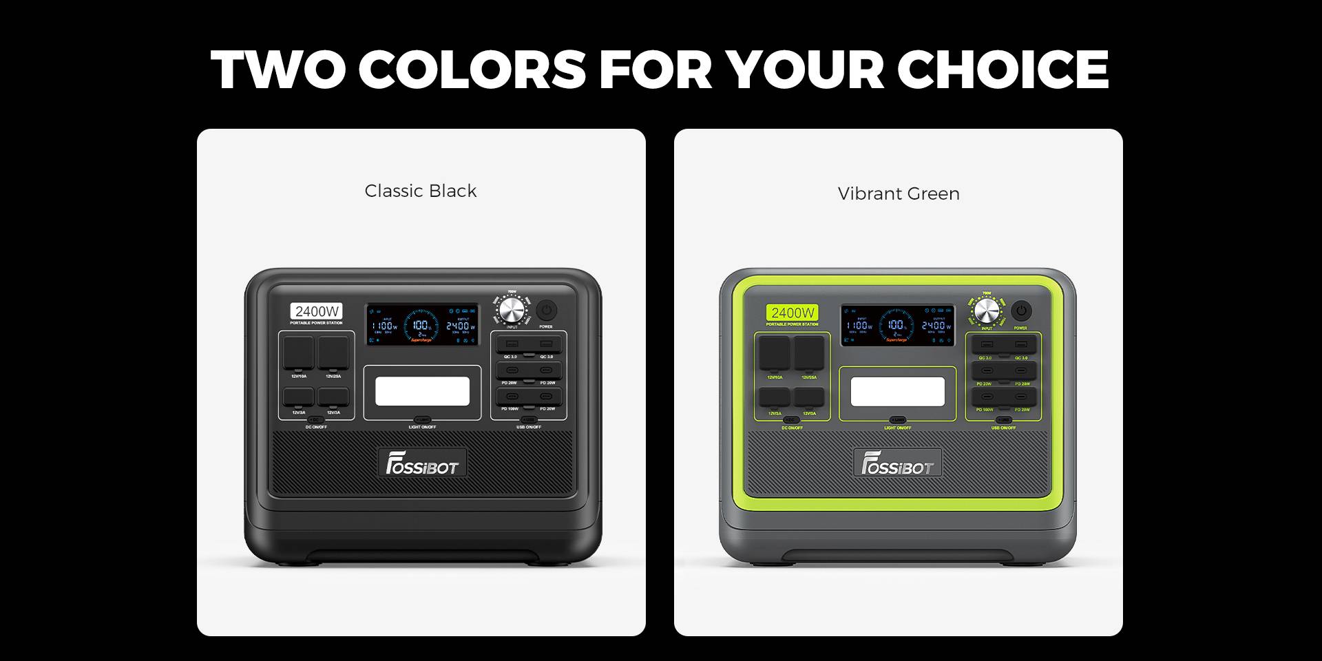 FOSSiBOT F2400 Portable Power Station, 2048Wh/640000mAh LiFePO4 Battery, 2400W(4600W Peak) Solar Generator, 3xAC RV Car USB Type-C QC3.0 PD DC5521 Pure Sine Wave Full Outlets, 1.5 Hours Fast Charging, MPPT Charge Controller BMS - Black