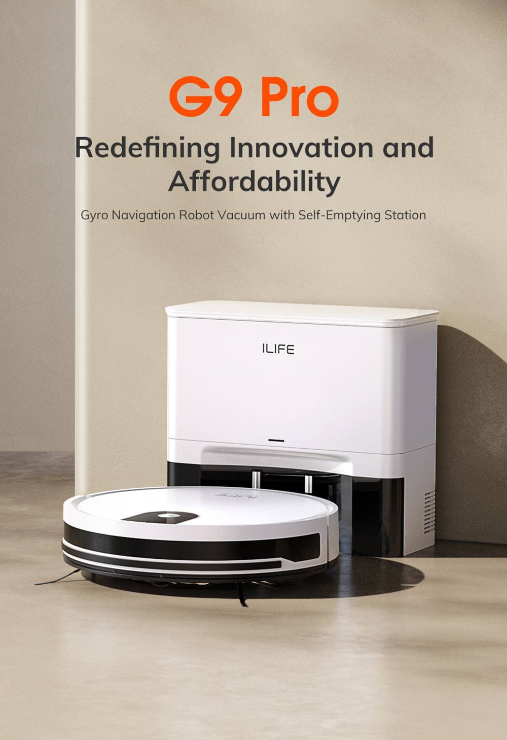 ILIFE G9 Pro Robot Vacuum Cleaner, with Self-Emptying Station, Gyroscope Navigation, 3000Pa Suction, 100min Runtime, 2.5L Dust Bag, Plan/Edge/Spot/Max Mode, Support Alexa/Google Home, with Remote Control, White