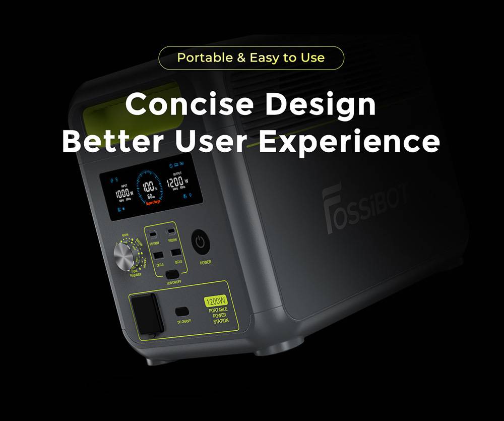 FOSSiBOT F1200 Portable Power Station, 1024Wh Capacity, 1200W Rated Power, 3 LED Light Modes, 7 Output Ports, BMS Protection, <10ms Switchover, 5 Gears Input Regulator, EV-Grade LiFePO4 Battery, 4000+ Cycle Times