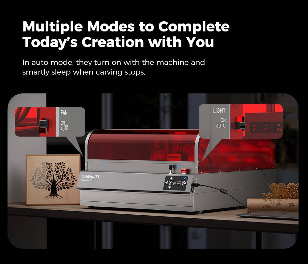 Creality Falcon2 Pro 40W Laser Engraver Cutter,  FDA Class1 Safety Certification, Smoke Exhaust, Integrated Air Assist, Built-in Camera, Fence Type Protection Strip, Fire / Airflow / Lens Monitoring, 400*415mm