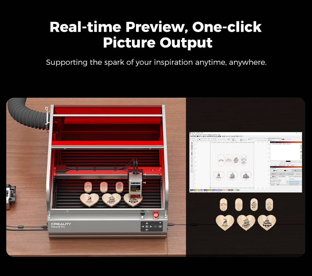 Creality Falcon2 Pro 40W Laser Engraver Cutter,  FDA Class1 Safety Certification, Smoke Exhaust, Integrated Air Assist, Built-in Camera, Fence Type Protection Strip, Fire / Airflow / Lens Monitoring, 400*415mm