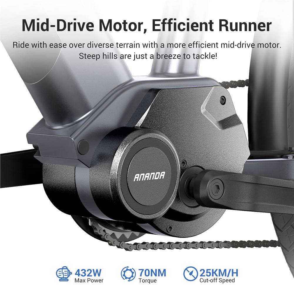 Eleglide C1 ST 27.5 inch Trekking Bike with 250W Ananda Mid-Drive Motor, 14.5Ah Battery, Max 150km Range, Hydraulic Suspension & Hydraulic Disc Brakes Shimano 7 Gears - Black