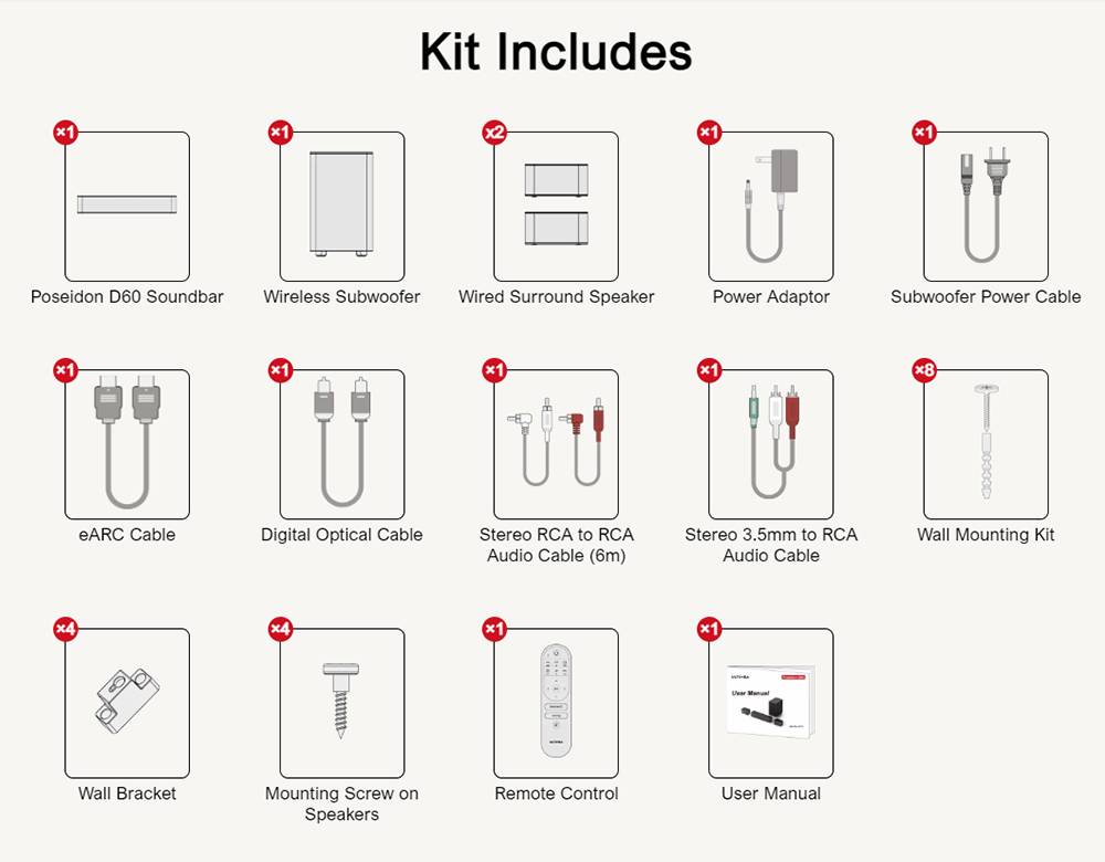Ultimea Poseidon D60 Soundbar Subwoofer Speaker Kit, Dolby Atmos 5.1, Adjustable Surround Level, Multiple Modes