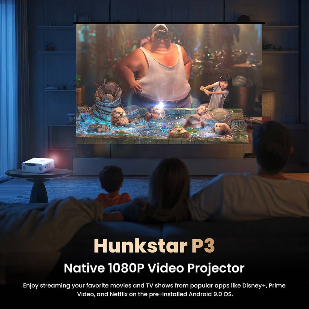 Hunkstar P3 1000 ANSI Android Projector, Native 1080P, 4K Decoding, HDR10, Auto-Keystone Correction & Auto Focus, Android 9.0, Bluetooth 5.0, WiFi 6, 2*5W Speakers