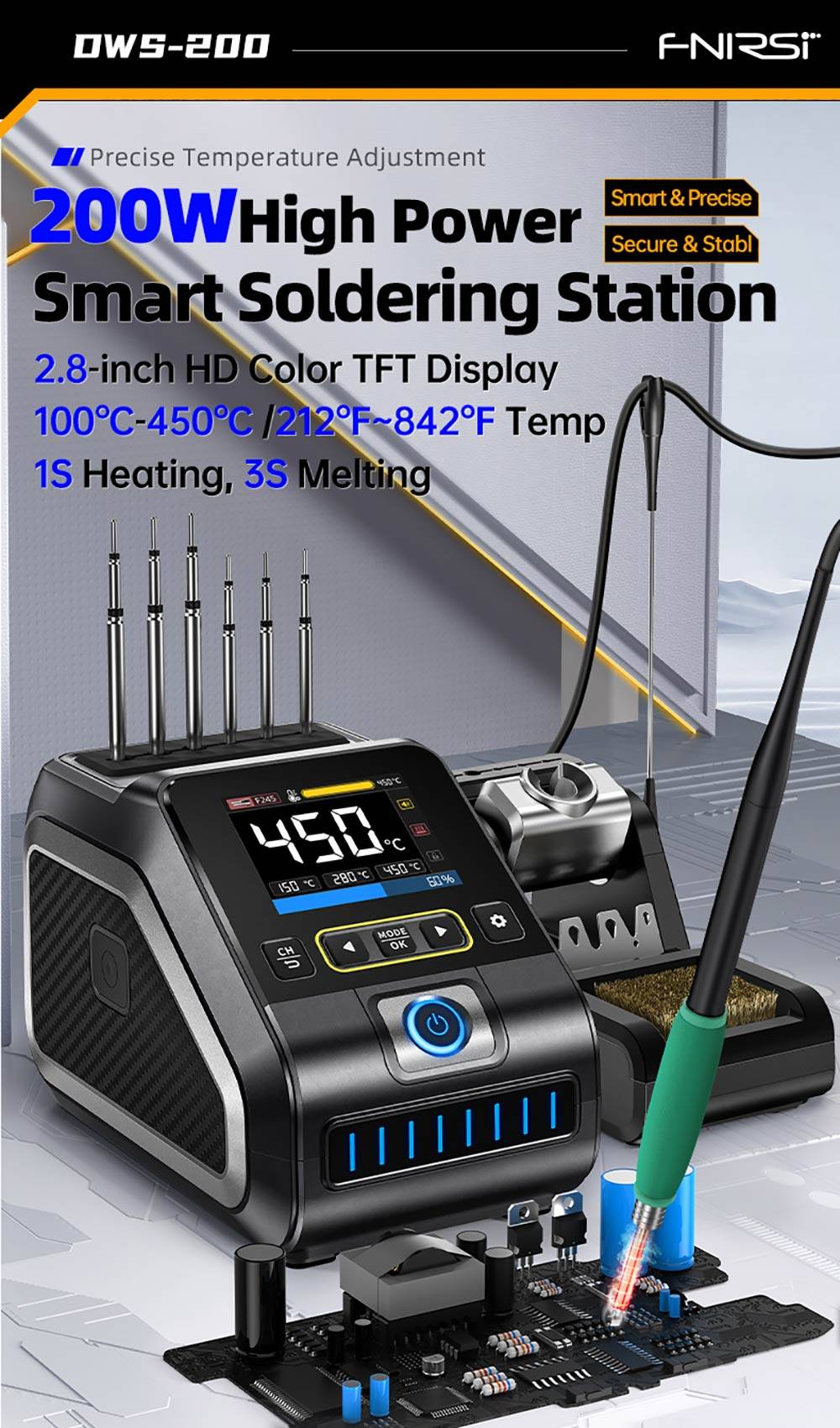 FNIRSI DWS-200 F210 Premium 200W Soldering Iron Station Kit, with 3 Iron Tips and 2 Helping Hands, Temp Value & Curve Mode, 3 Temperature Storage, Full-Color Display
