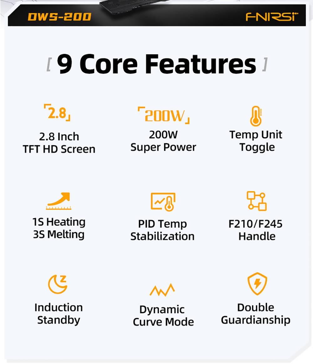 FNIRSI DWS-200 F210 Premium 200W Soldering Iron Station Kit, with 3 Iron Tips and 2 Helping Hands, Temp Value & Curve Mode, 3 Temperature Storage, Full-Color Display