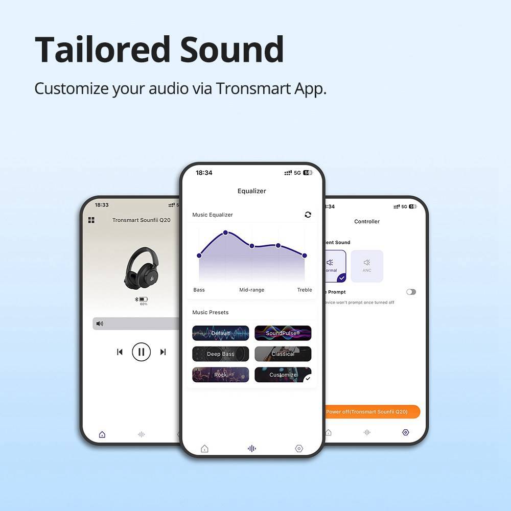 Tronsmart Sounfii Q20 ANC Bluetooth Headphones, 50 Hours Autonomy, 90° Swiveling Earpads, Pair with 2 Devices, Tronsmart App Control, Built-in Mic for Clear Calls, Active Noise Cancellation - White