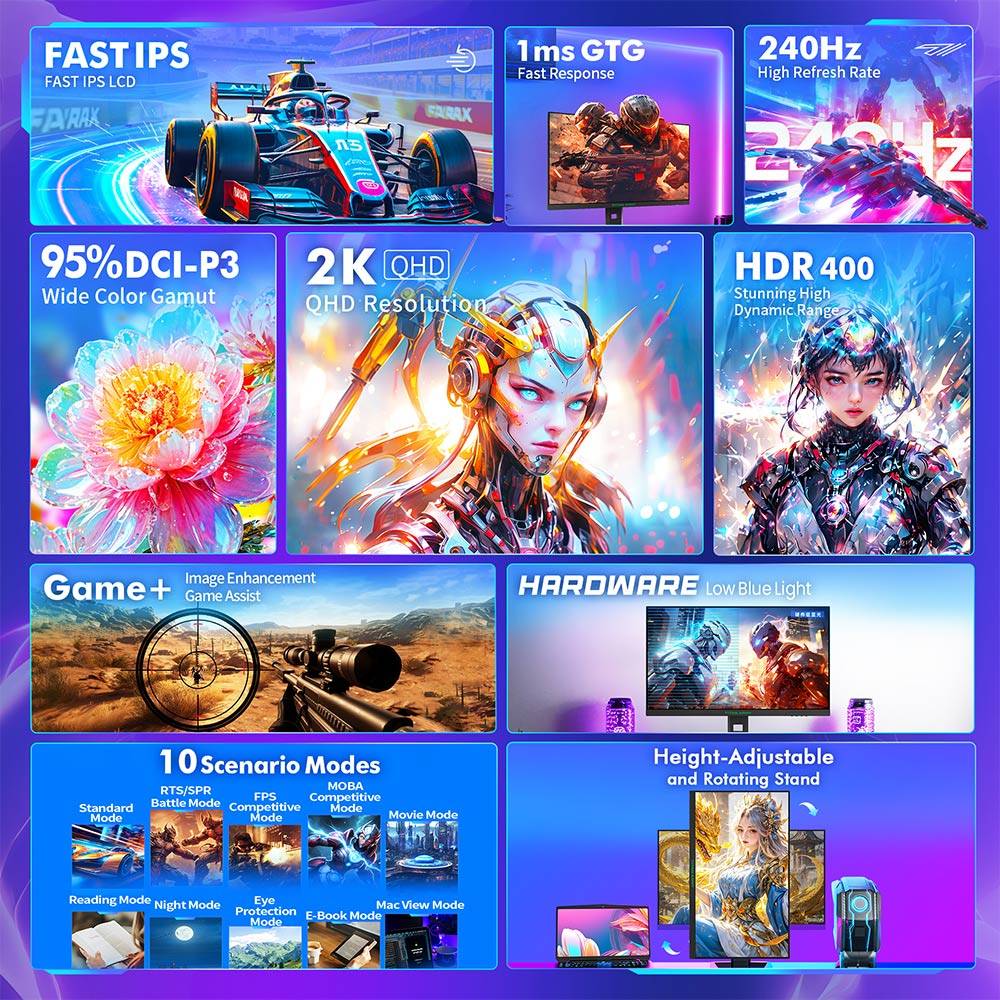 TITAN ARMY P2710S Gaming Monitor, 27-inch 2560*1440 16:9 Fast IPS LCD Screen, 240Hz Refresh Rate, 1ms GTG, HDR 400, Adaptive-Sync, Dynamic OD, Game Mode & 10 scenario Modes, PBP & PIP Split-screen Mode, Rotating Stand, Wall Mounting