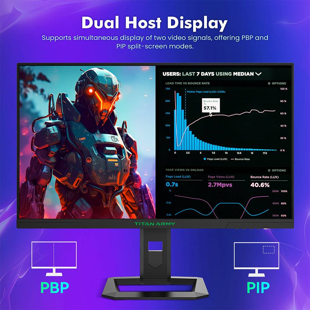 TITAN ARMY P2710S Gaming Monitor, 27-inch 2560*1440 16:9 Fast IPS LCD Screen, 240Hz Refresh Rate, 1ms GTG, HDR 400, Adaptive-Sync, Dynamic OD, Game Mode & 10 scenario Modes, PBP & PIP Split-screen Mode, Rotating Stand, Wall Mounting
