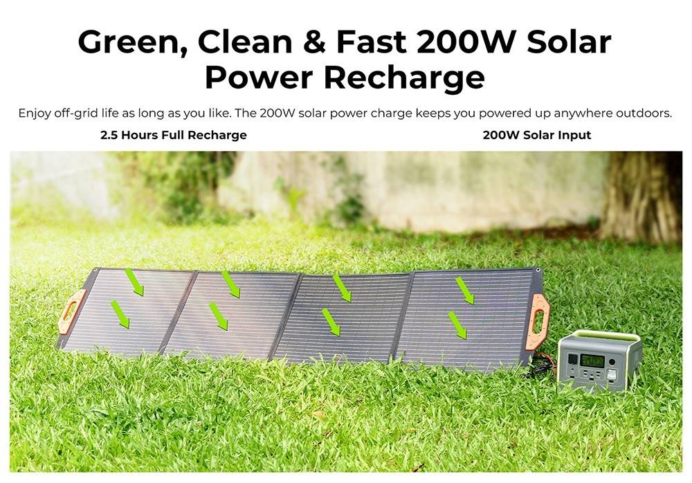 FOSSiBOT F800 Portable Power Station, 512Wh LiFePO4 Solar Generator, 800W AC Output, 200W Max Solar Input, 8 Outlets, LED Light - Black