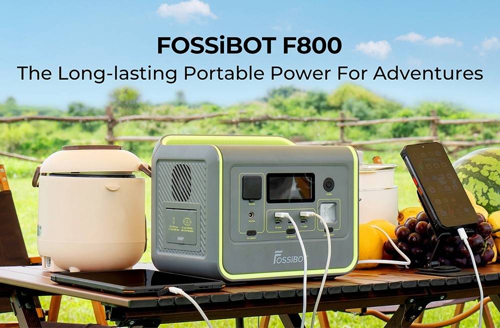FOSSiBOT F800 Portable Power Station, 512Wh LiFePO4 Solar Generator, 800W AC Output, 200W Max Solar Input, 8 Outlets, LED Light - Black