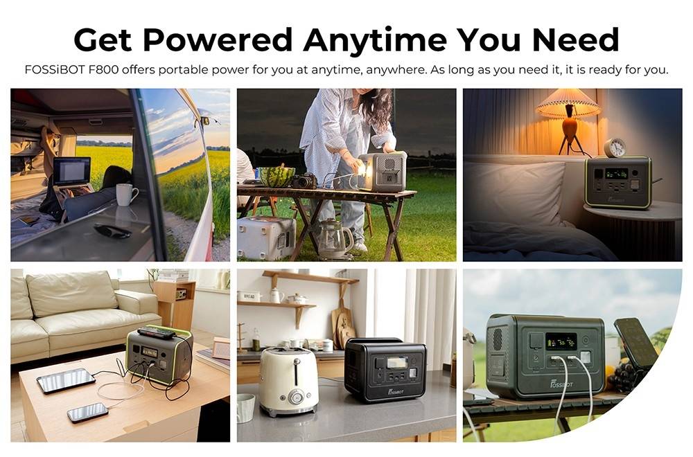 FOSSiBOT F800 Portable Power Station, 512Wh LiFePO4 Solar Generator, 800W AC Output, 200W Max Solar Input, 8 Outlets, LED Light - Black