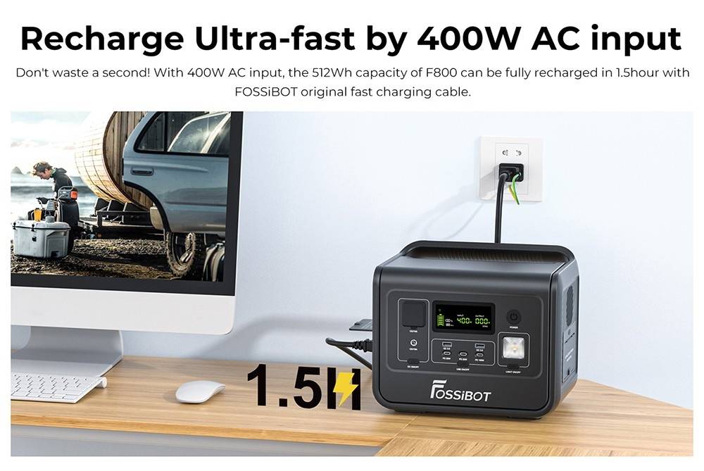 FOSSiBOT F800 Portable Power Station, 512Wh LiFePO4 Solar Generator, 800W AC Output, 200W Max Solar Input, 8 Outlets, LED Light - Black