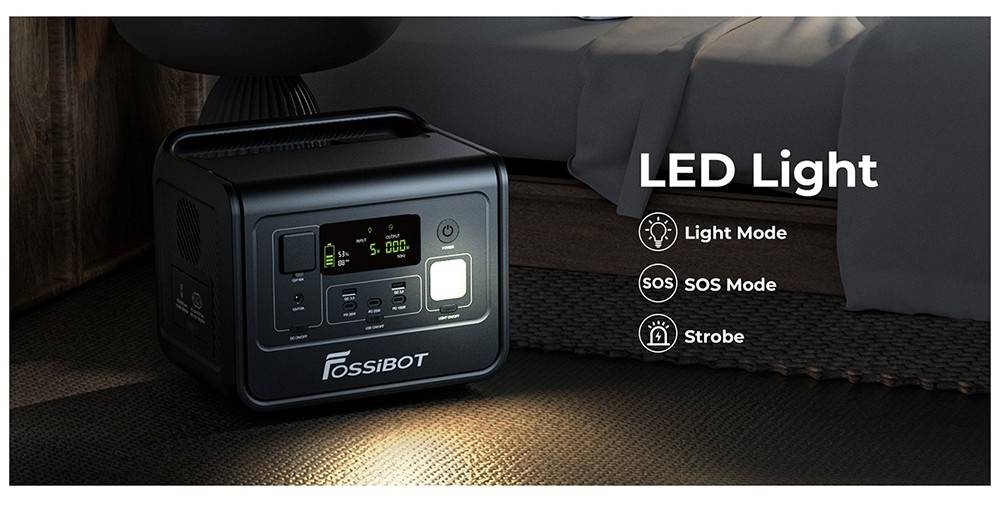 FOSSiBOT F800 Portable Power Station, 512Wh LiFePO4 Solar Generator, 800W AC Output, 200W Max Solar Input, 8 Outlets, LED Light - Black