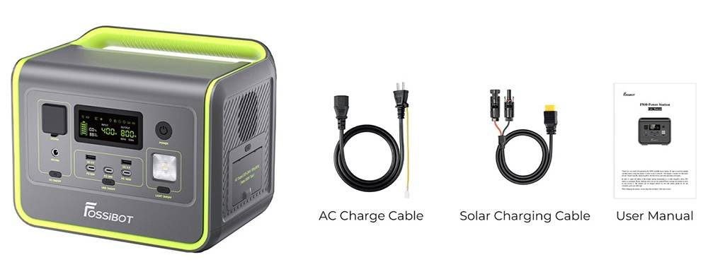 FOSSiBOT F800 Portable Power Station, 512Wh LiFePO4 Solar Generator, 800W AC Output, 200W Max Solar Input, 8 Outlets, LED Light - Black