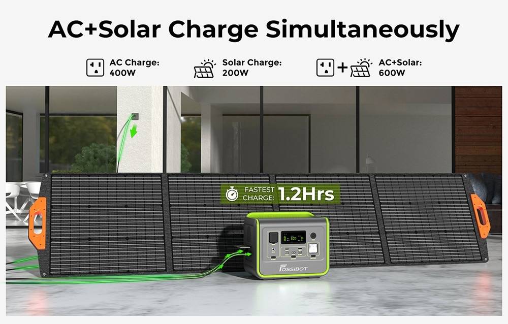 FOSSiBOT F800 Portable Power Station, 512Wh LiFePO4 Solar Generator, 800W AC Output, 200W Max Solar Input, 8 Outlets, LED Light - Black
