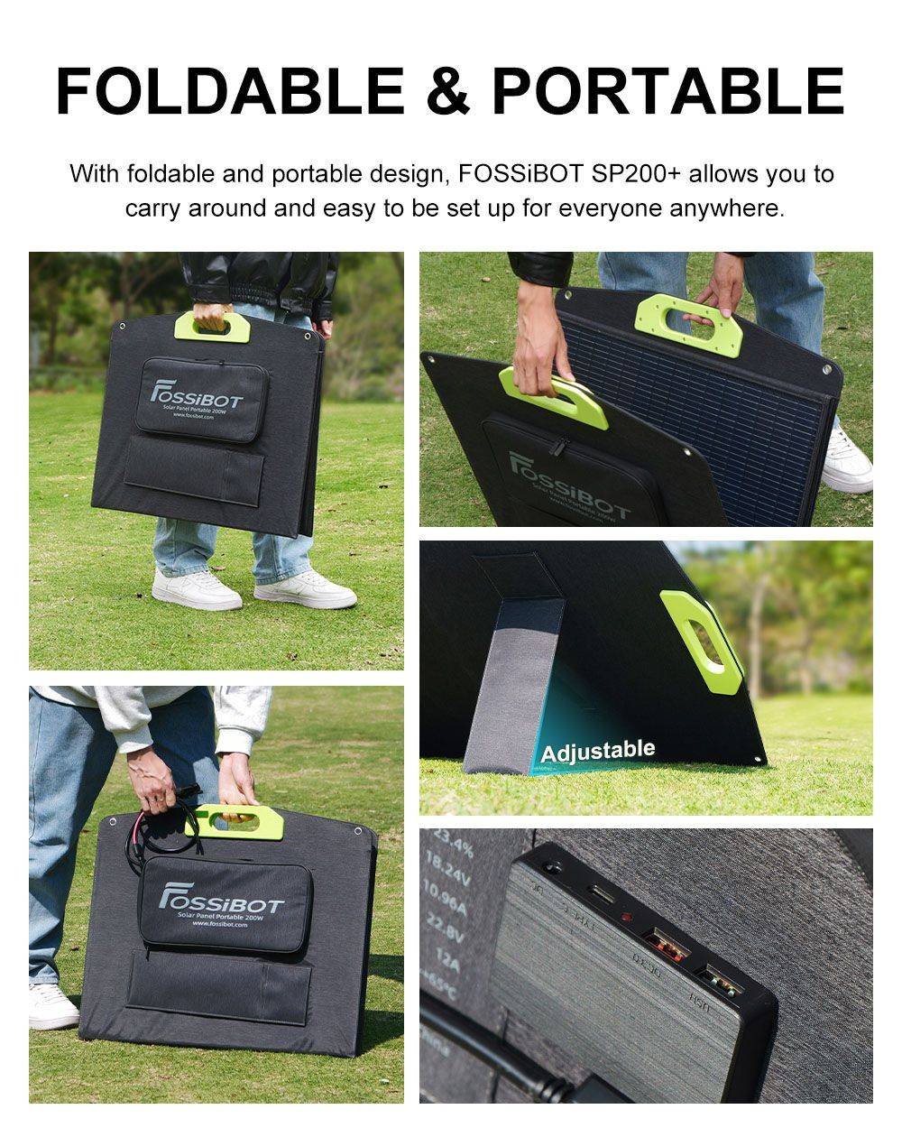 FOSSiBOT SP200+ 200W Portable Solar Panel, 23.4% High Cell Efficiency, for Home, RV, Camping, Blackout - Green