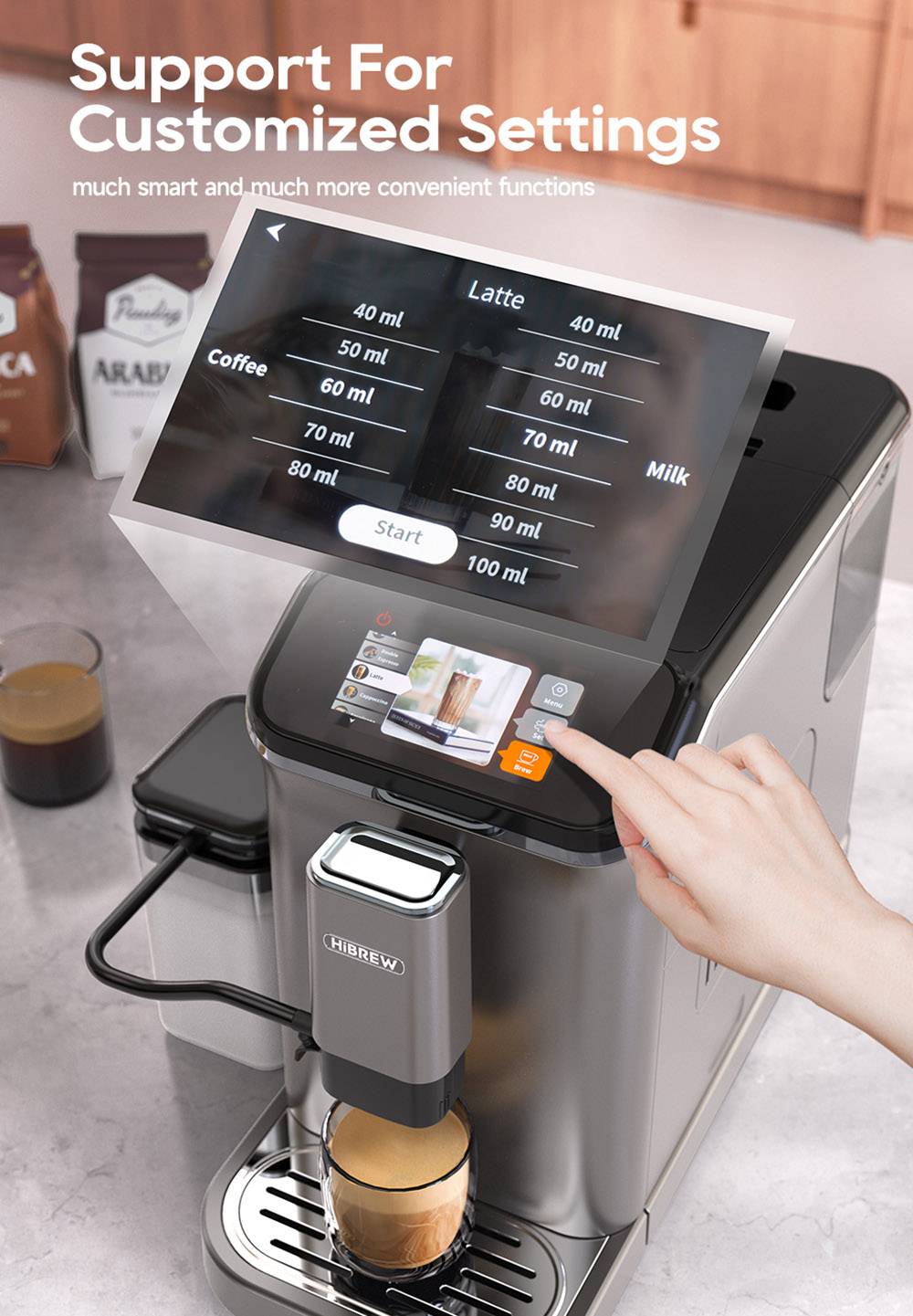 HiBREW H16 Automatic Espresso Machine with Grinder, 20Bar Extraction, 4.3inch Touch Screen, 1.5L Removable Milk Tank