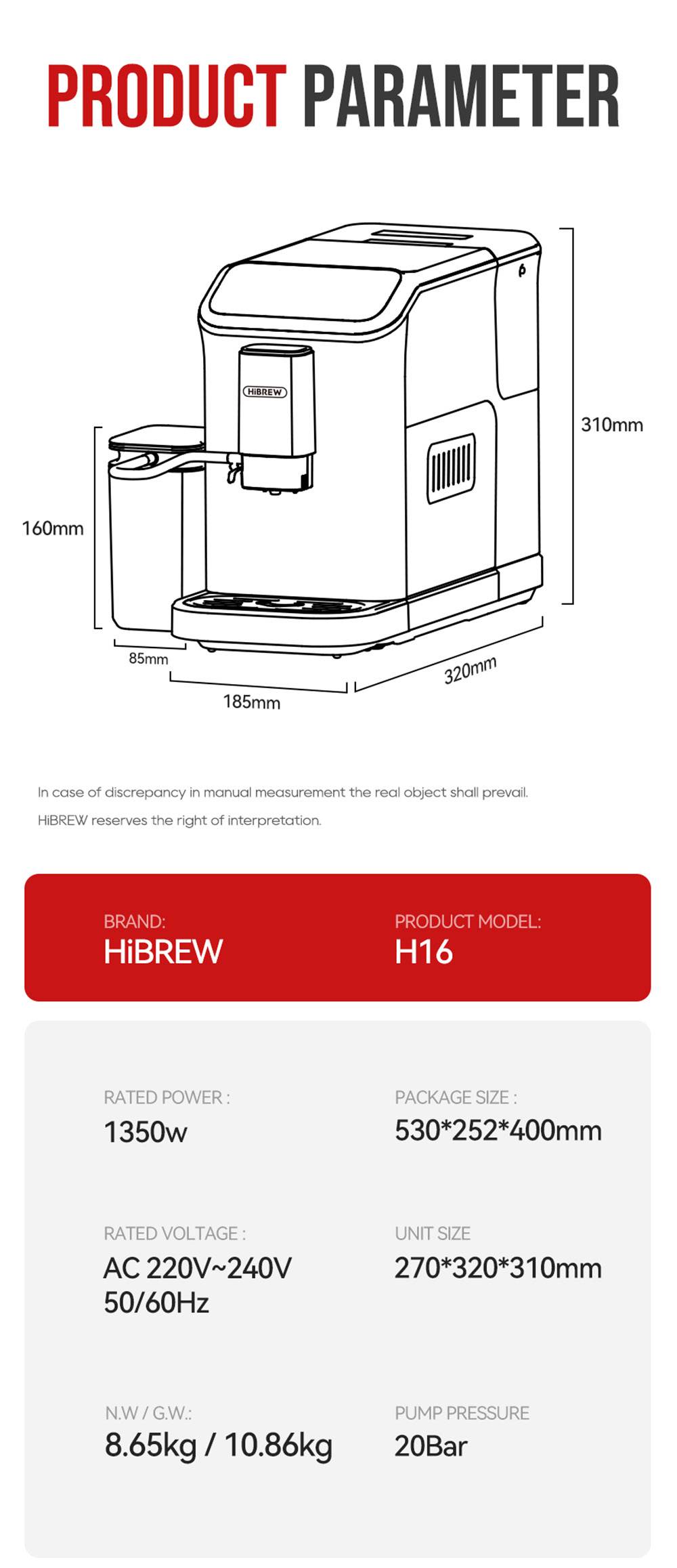 HiBREW H16 Automatic Espresso Machine with Grinder, 20Bar Extraction, 4.3inch Touch Screen, 1.5L Removable Milk Tank