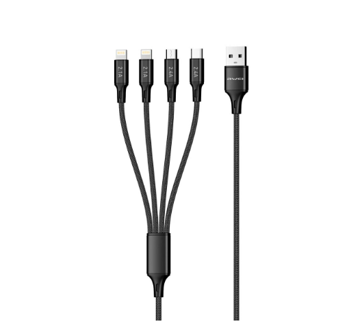 AWEI CL-129 1.5M Nylon 4 in 1 Fast Multi Charging Data Cable for XIAOMI HUAWEI Smartphone Tablet - Black