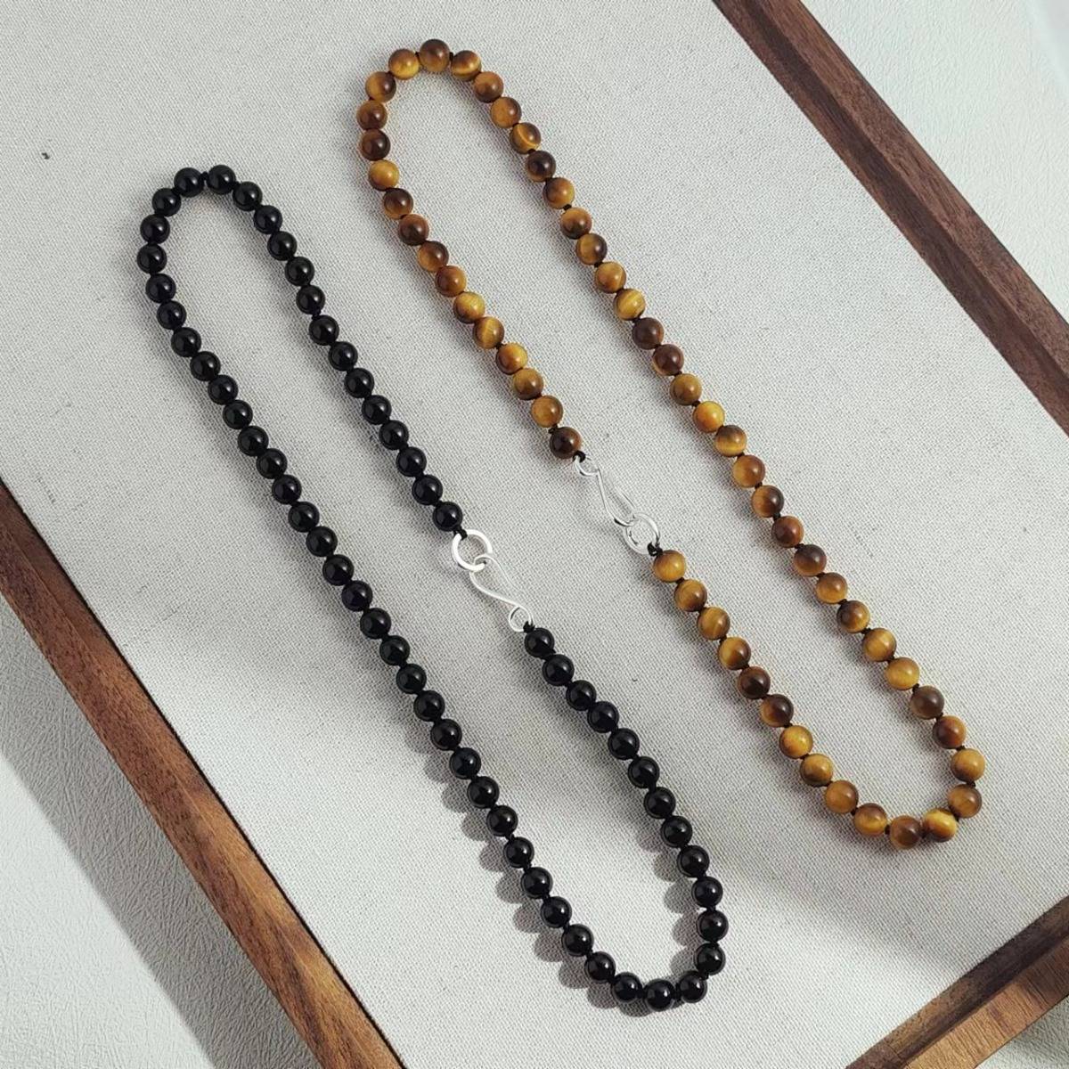 Black agate beaded tiger&#039;s eye stone vintage choker collarbone chain