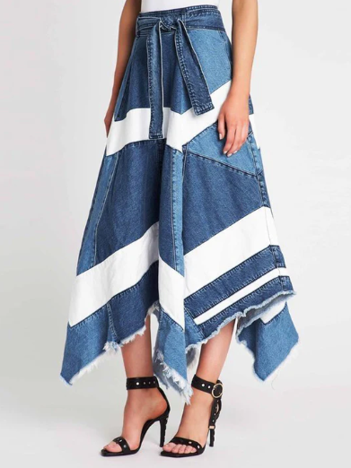 UR Fashion Knot Waist Irregular Hem Patchwork Denim Skirt