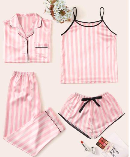Pajamas female summer new ice silk sexy pajamas set vertical stripes short-sleeved shorts four sets of homewear
