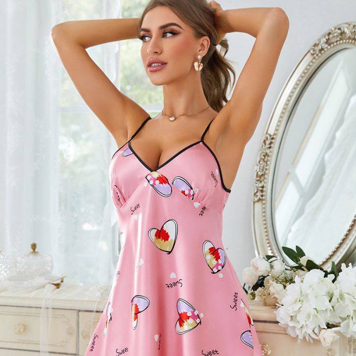 New European and American sweet pajamas women&#039;s foreign trade sweet net red suspender nightdress printing cross-border fashion home clothes whole