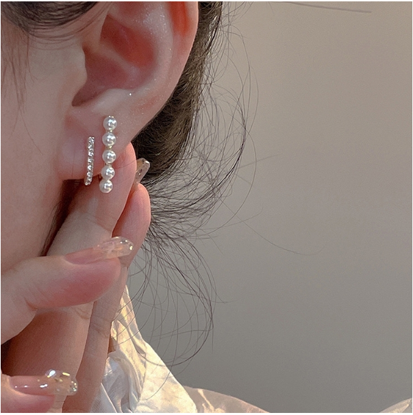 Temperament Ladies Light Luxury Pearl Double Layer Earrings Diamond Earrings