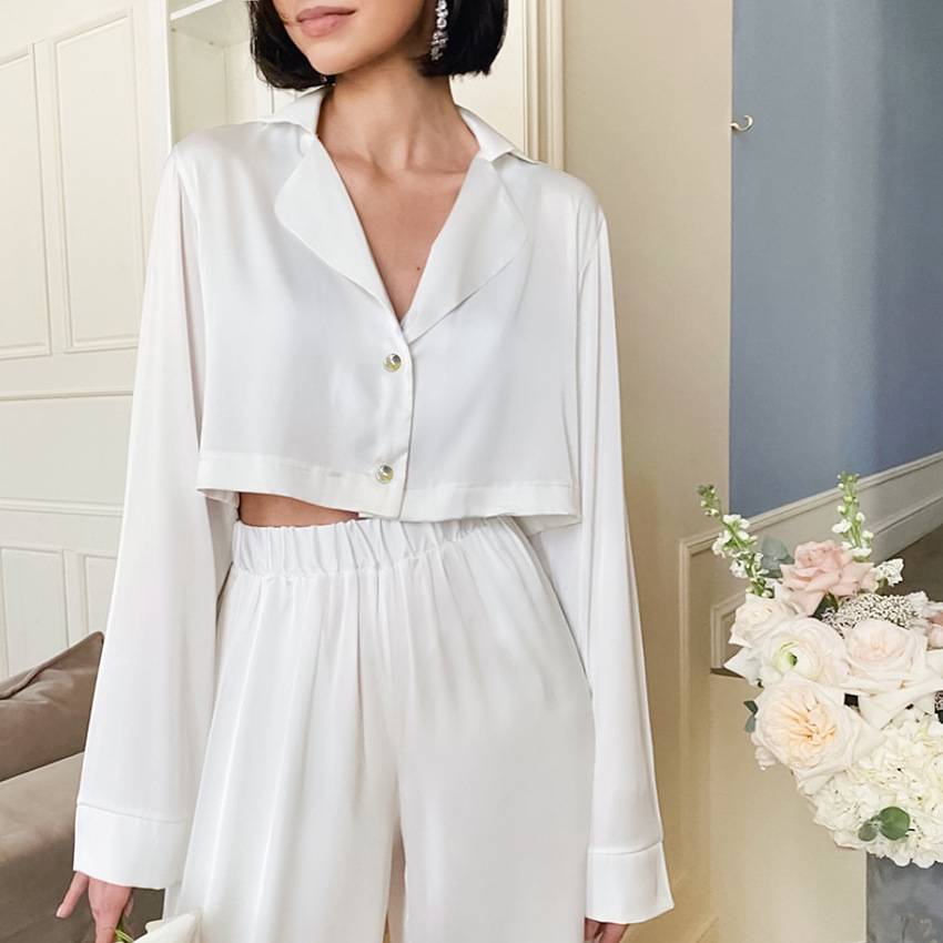 Short Top Two-piece Set Loose Pajama Pants White Ice Silk Ladies Homewear