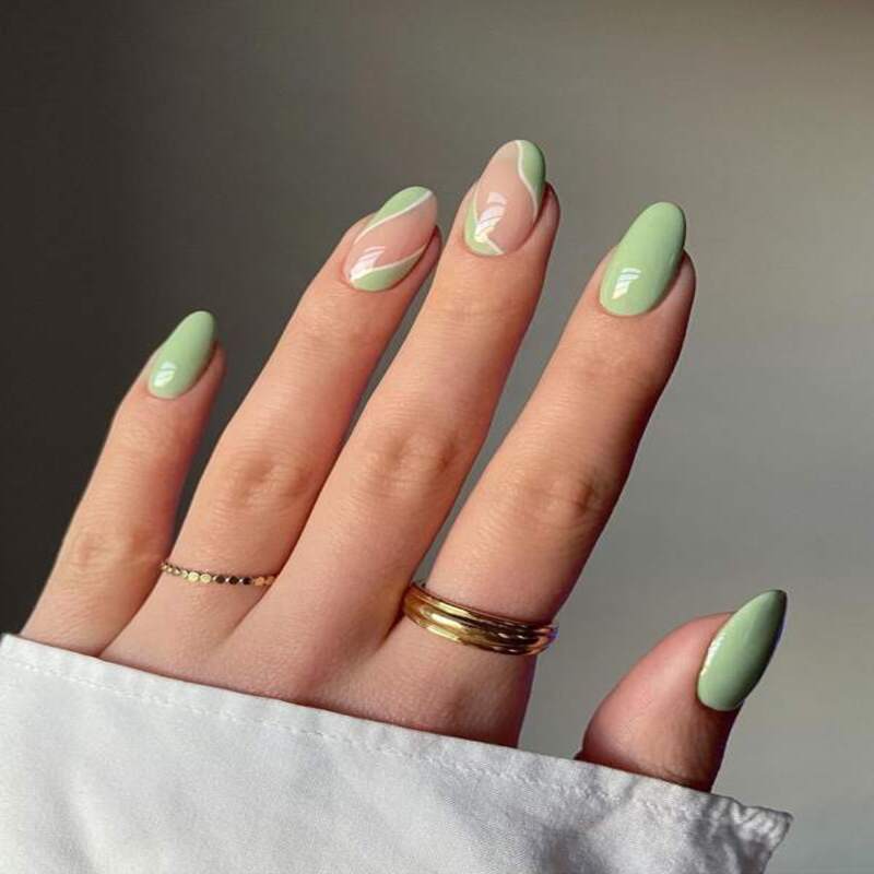 Instantly Upgrade Your Look with 24pcs Long Almond Green Solid Color Block Striped Fake Nail &amp; 1sheet Tape &amp; 1pc Nail File