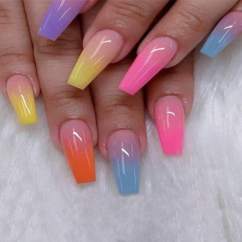 Get Glamorous with 24pcs Extra Long Coffin Iridescent Gradient Fake Nail &amp; 1pc Nail File &amp; 1sheet Tape