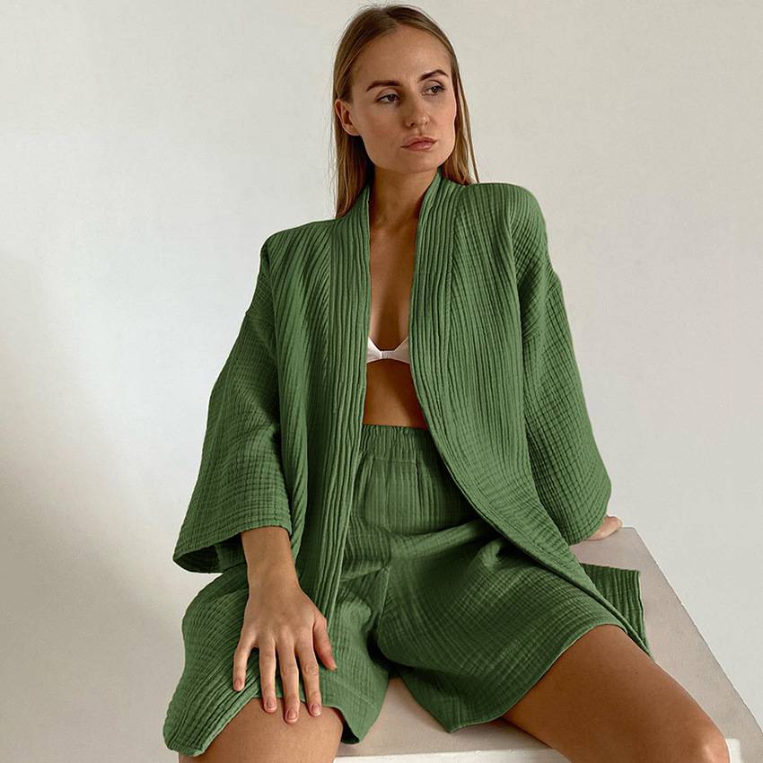 Pajamas double-layer gauze five-quarter-sleeve nightgown shorts suit steaming clothes loose home clothes women