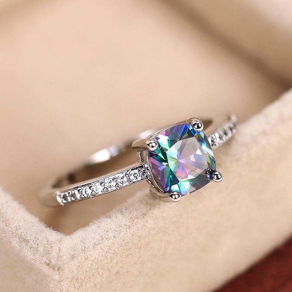 Micro-set zirconia treasure blue square diamond ring female European and American simple engagement ring