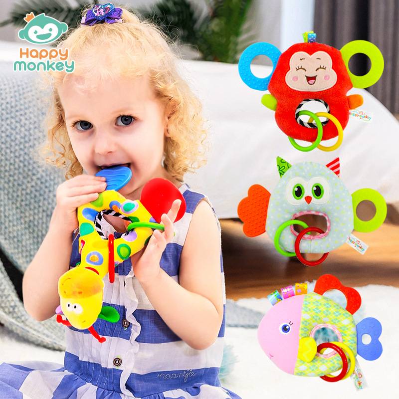 Happy monkey baby handheld rattles bite gum can chew baby grip training