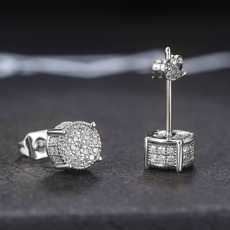 Explosive full diamond hip hop men&#039;s earrings micro-bezel set zirconia plating round earrings