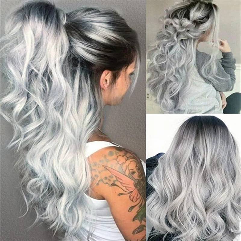 Women&#039;s Black Gray Gradient Big Wave Wig