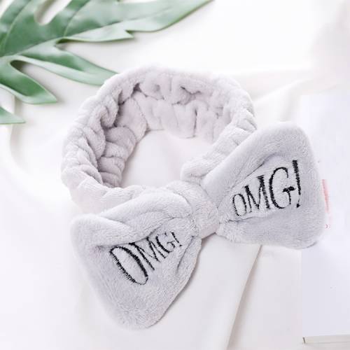 Women New Letter &quot;OMG&quot; Coral Fleece Soft Bow Headbands Cute Hair Holder Headwear Hair Accessories(Gray)