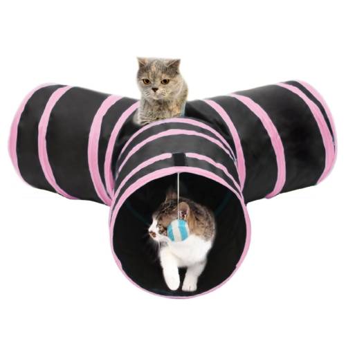 Foldable 3 Exits Exercising Cat Tunnel with A Hanging Ball(Pink)