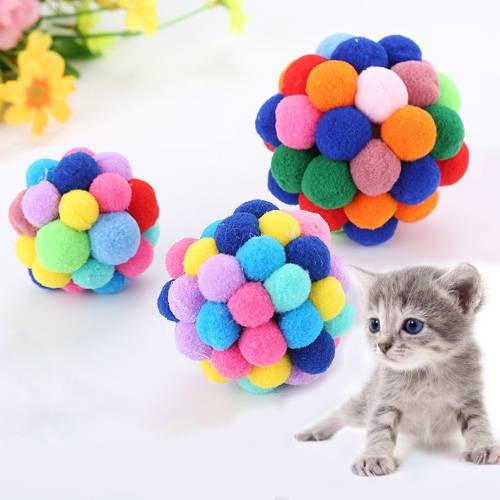 3 PCS Colorful Handmade Bells Cat Bouncy Ball Pet Toy,