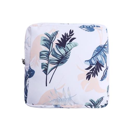 Girls Portable Sanitary Napkin Storage Bag Cosmetic Lipstick Bag(White Leaf)