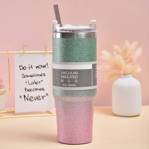 30oz Glitter Insulation Coffee Cup Double Layer Ice Cup Stainless Steel Car Cup With Straw(Green Purple)