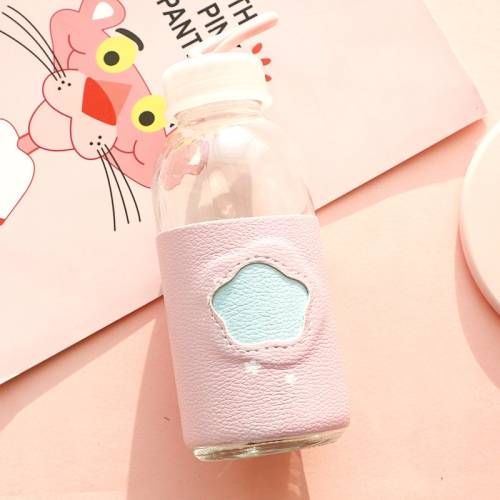 Portable Cute Water Cup Leather Insulated Glass Cup with Leather Case(Light Pink)