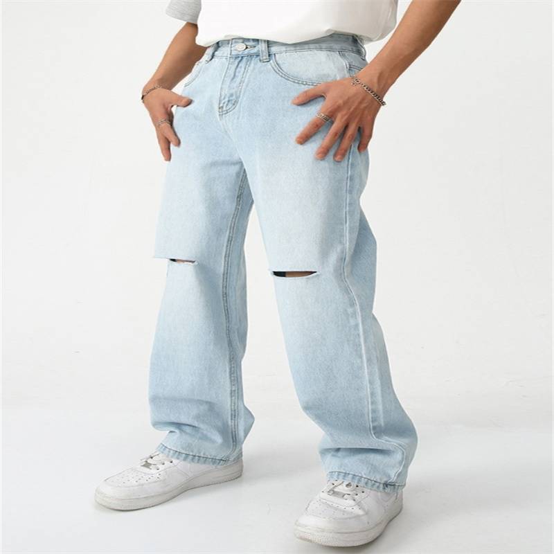 Men&#039;s Knee Ripped Grind White Loose Jeans