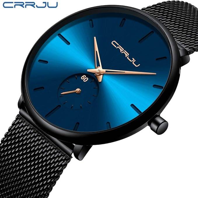 CRRJU Minimalist Men&#039;s Watch, Black, Casual, Modern, Analog, Quartz, Mesh Steel Bracelet