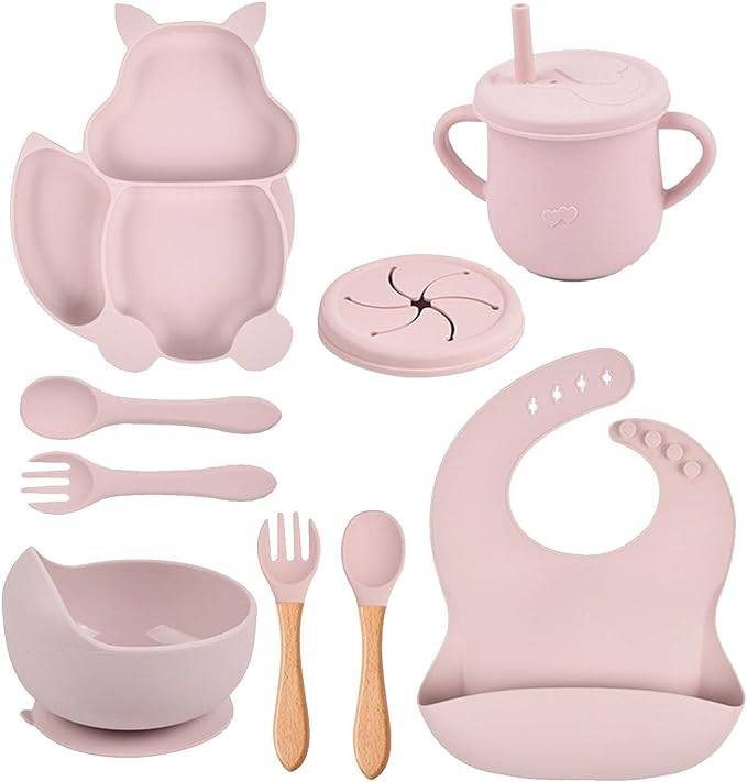 Silicone baby feeding -suction plates for baby - Weaning supplies for babies include food bib, foldable utensils and cup