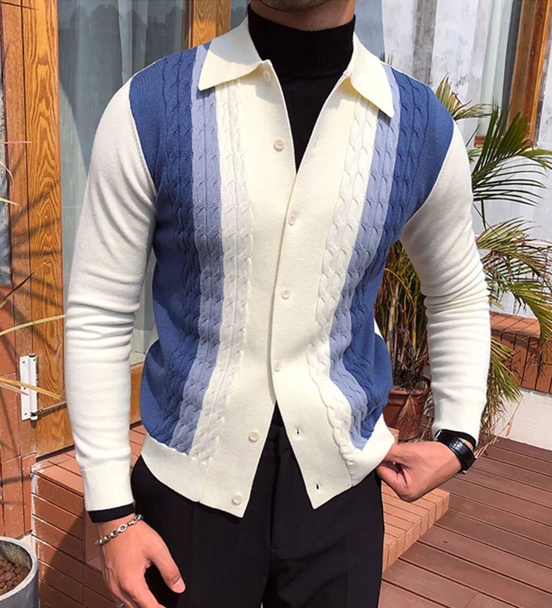 Gentleman&#039;s Autumn And Winter Contrast Knit Cardigan